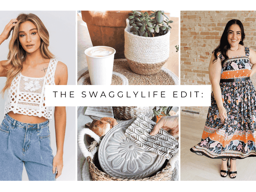 Plus-size woman in floral dress and slim woman in cropped top and denim jeans posing with SwagglyLife artisan-made bread warmer and stylish home accents.