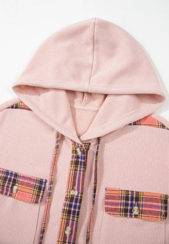 Waffle Knit Plaid Patchwork Drawstring Hooded Shacket in - photo