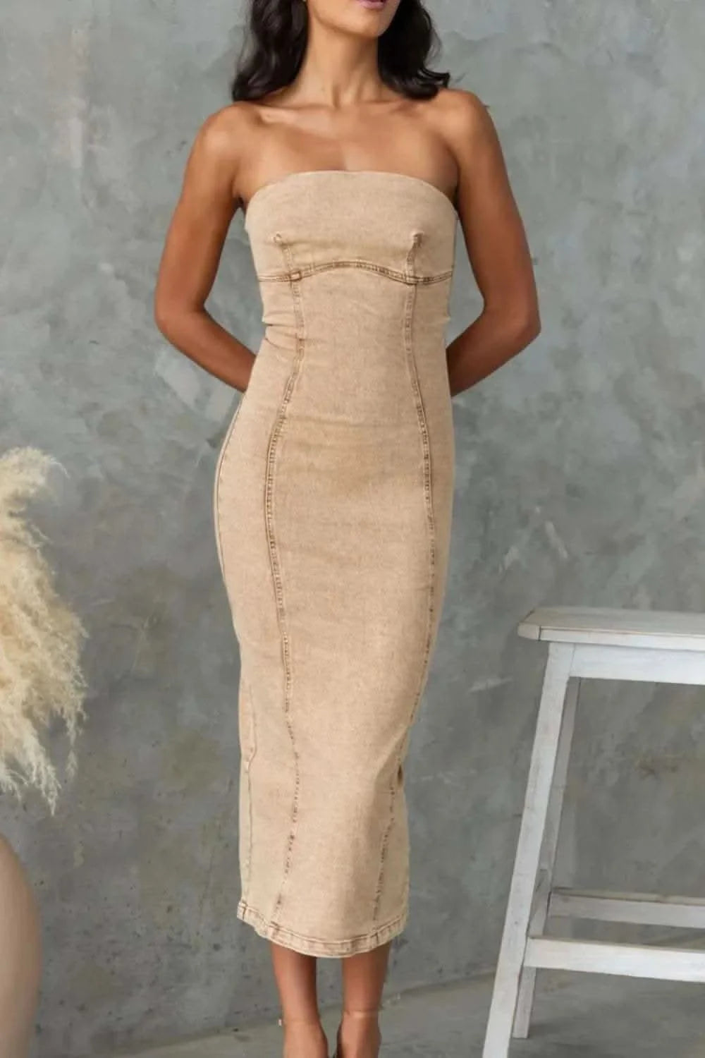 Washed Slit Back Tube Denim Dress in - photo