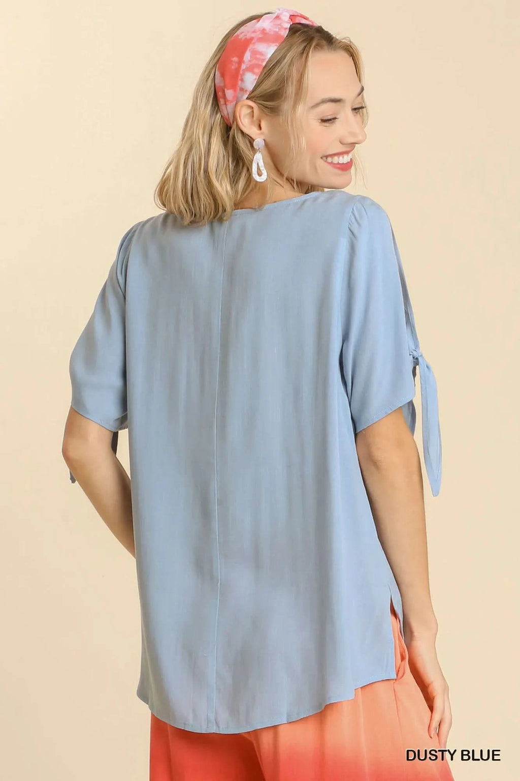 Umgee Cold Shoulder Short Sleeve Round Neck Top with Side Slits and Tie-able Knot Details - SwagglyLife Home & Fashion