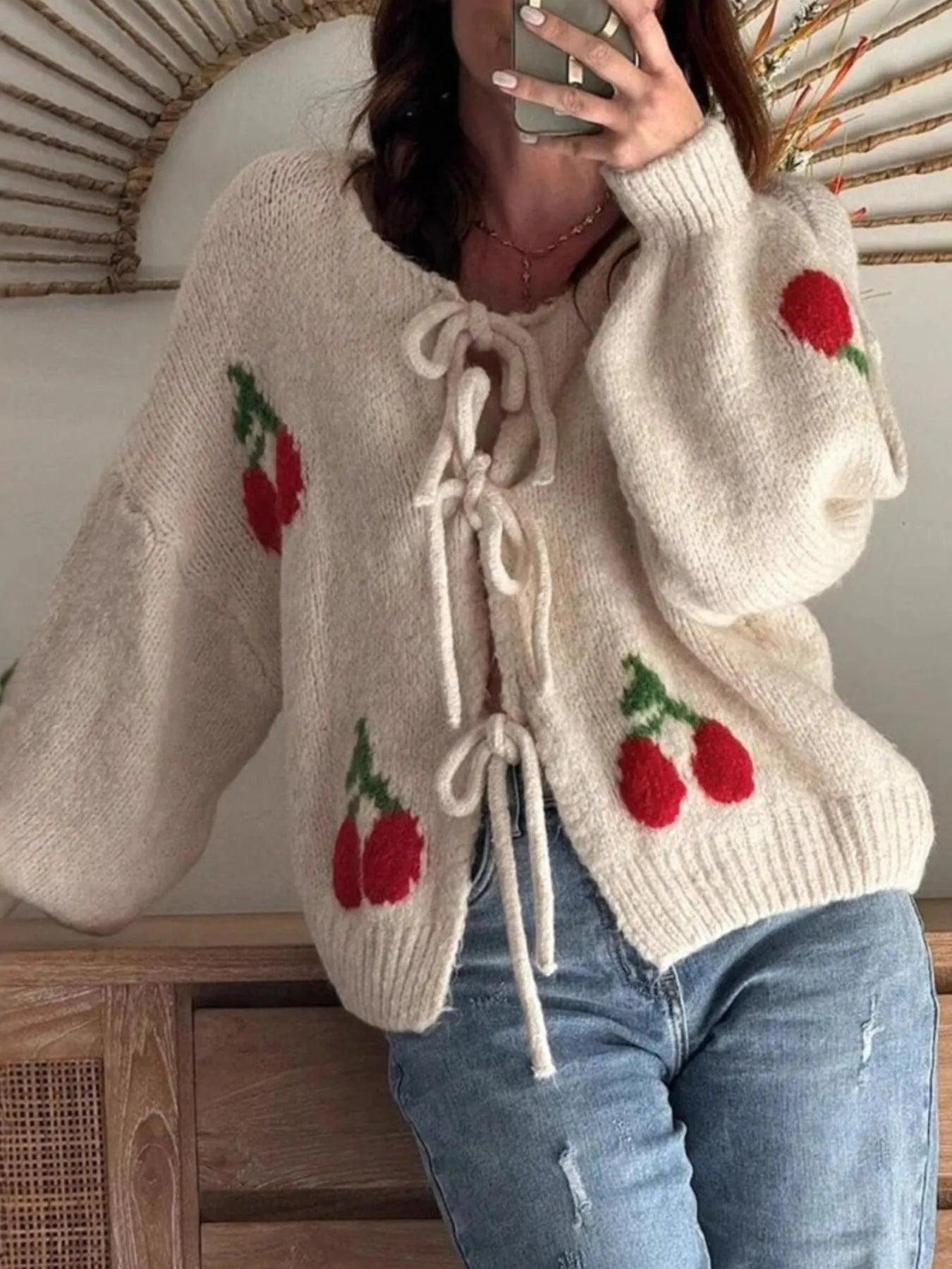 Cherry Pattern Tie-Front Oversized Cardigan - SwagglyLife Home & Fashion Cherry Pattern Tie-Front Oversized Cardigan - SwagglyLife Home & Fashion