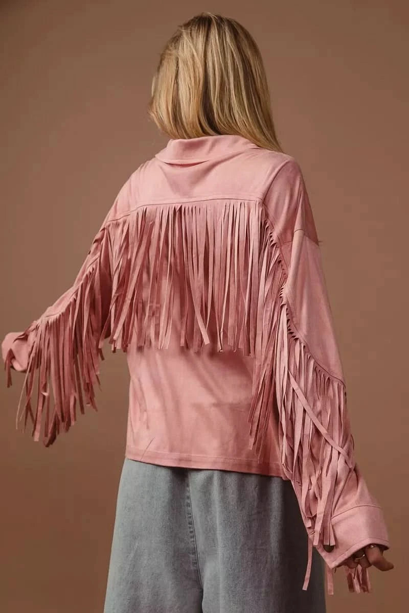 BiBi Suede Fringe Long Sleeve Jacket in - photo