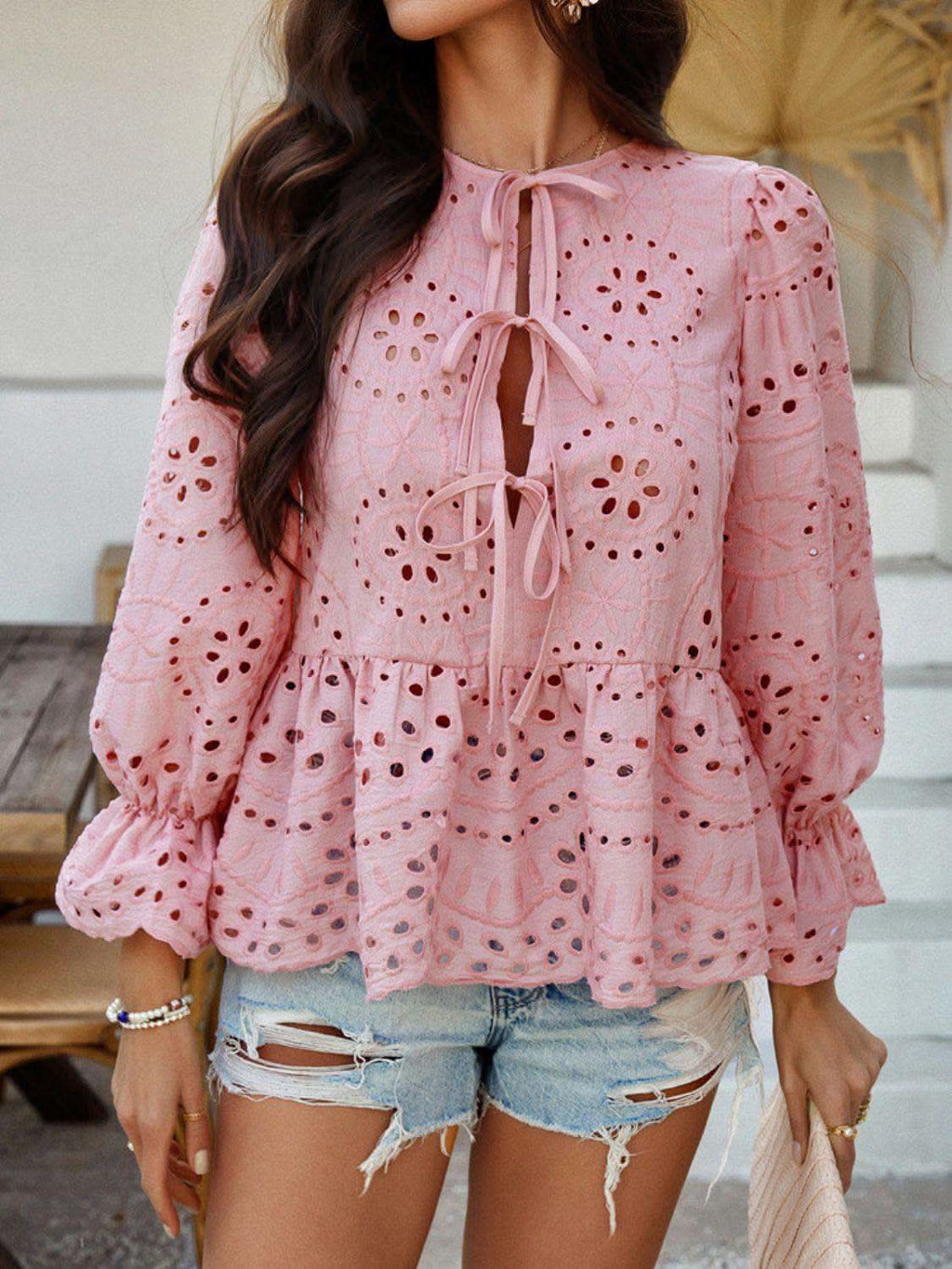 Devine Tie Front Flounce Sleeve Peplum Blouse in - Blouses photo