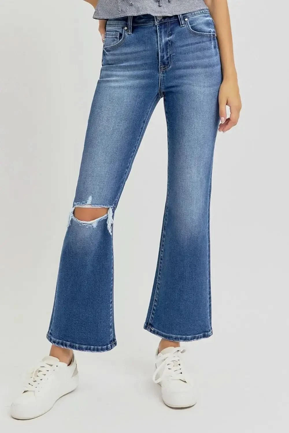RISEN Full Size Distressed High Rise Crop Flare Jeans in Dark - photo