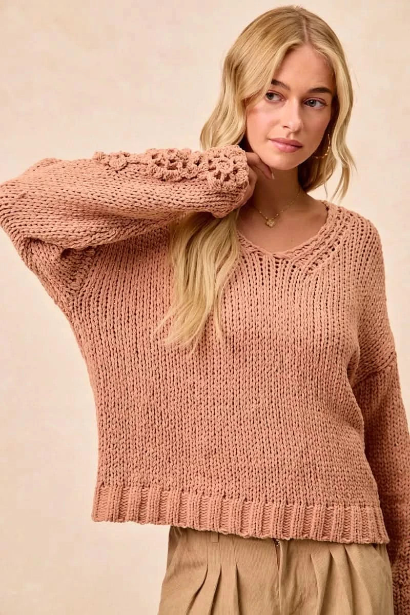 BiBi Chunky Knit Sweater with Flower Detail Sleeves in - photo