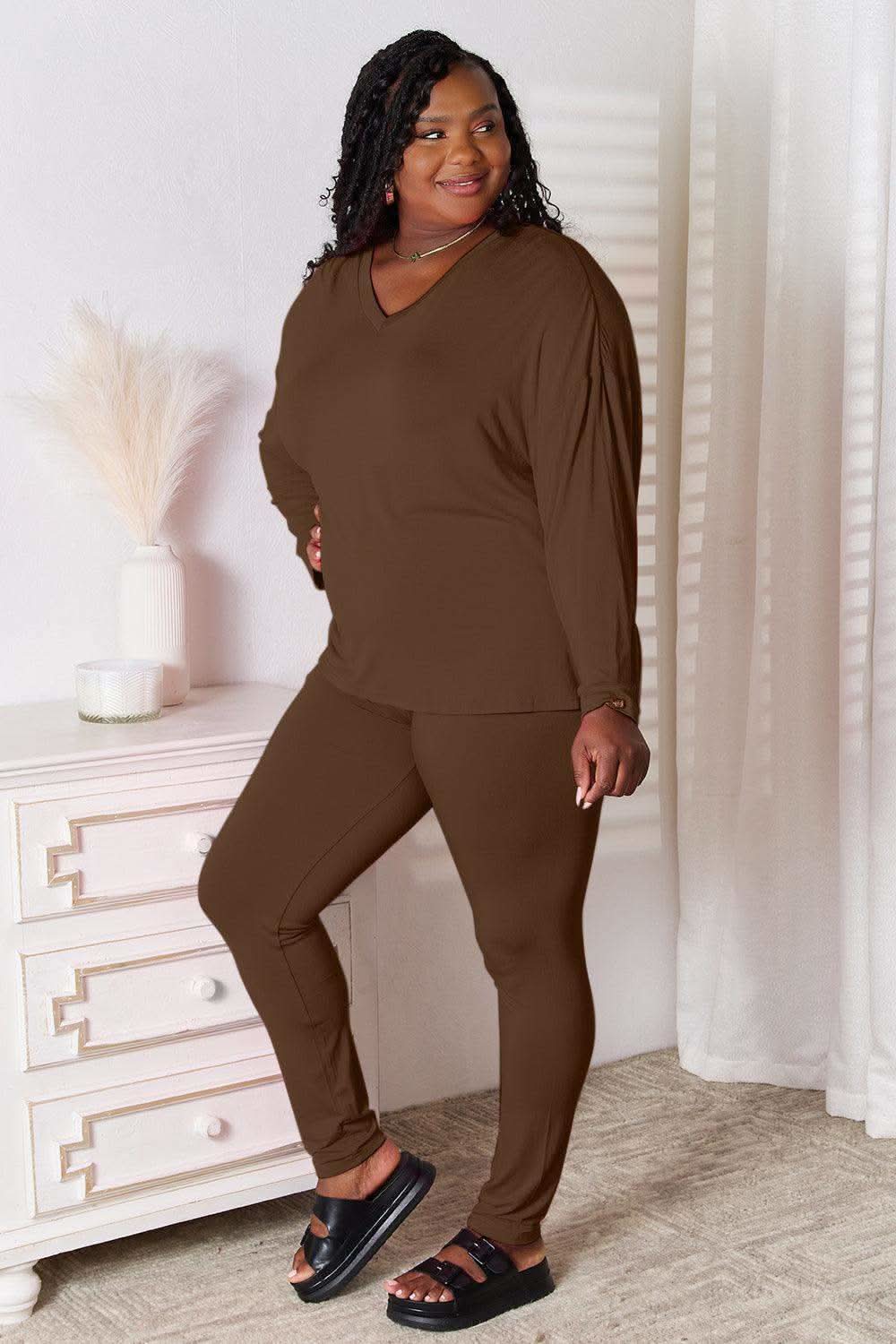 Basic Bae Full Size V-Neck Soft Rayon Long Sleeve Top and Pants Lounge Set in Chocolate - Loungewear photo