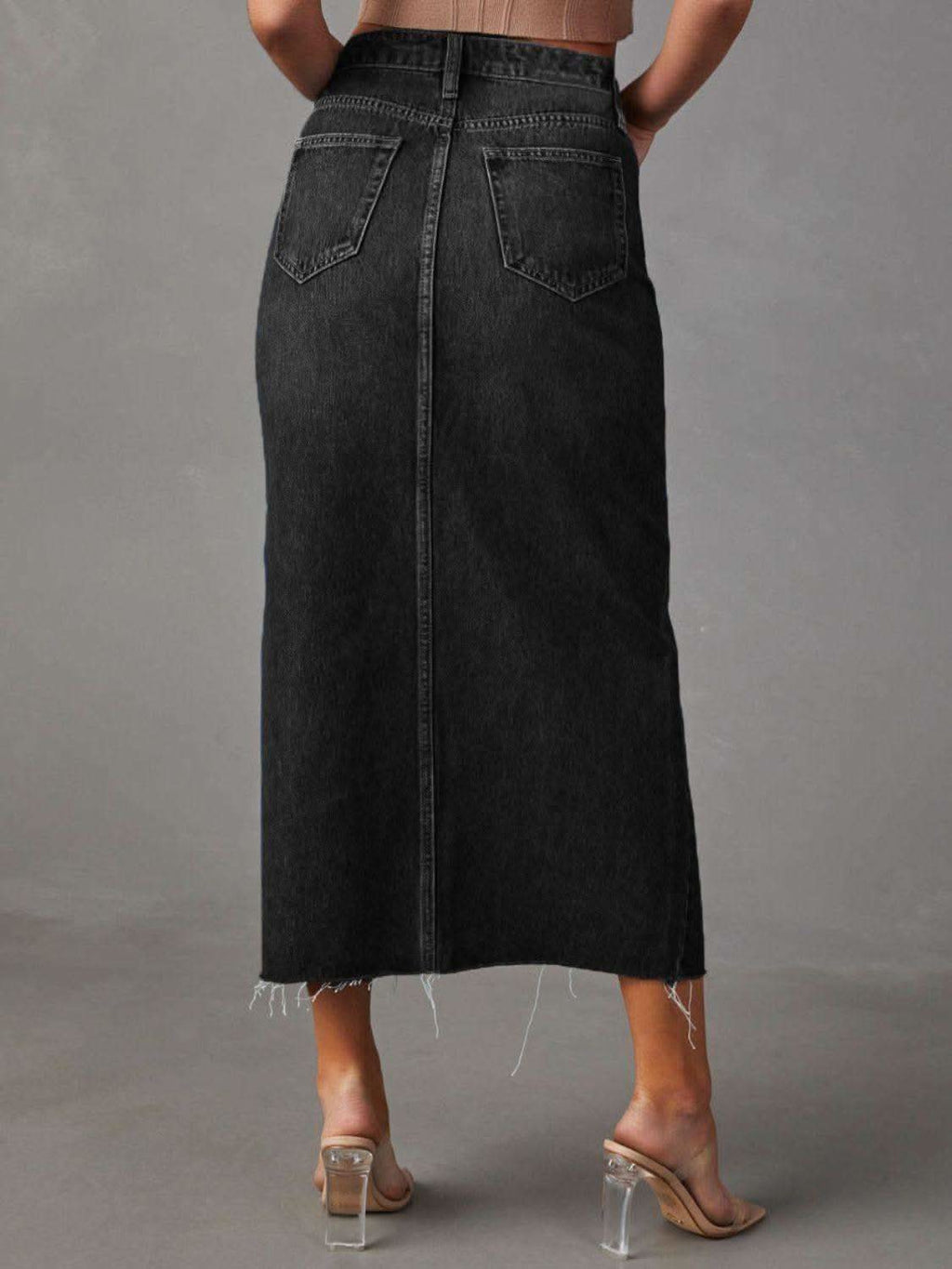 Raw Hem Front Slit Denim Midi Skirt - SwagglyLife Home & Fashion
