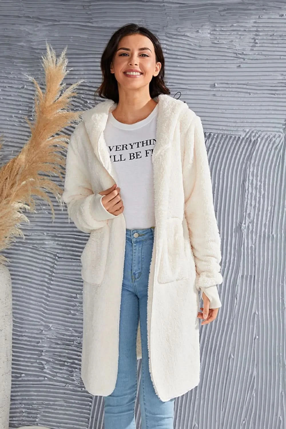 Double Take Full Size Hooded Teddy Bear Jacket with Thumbholes in - photo