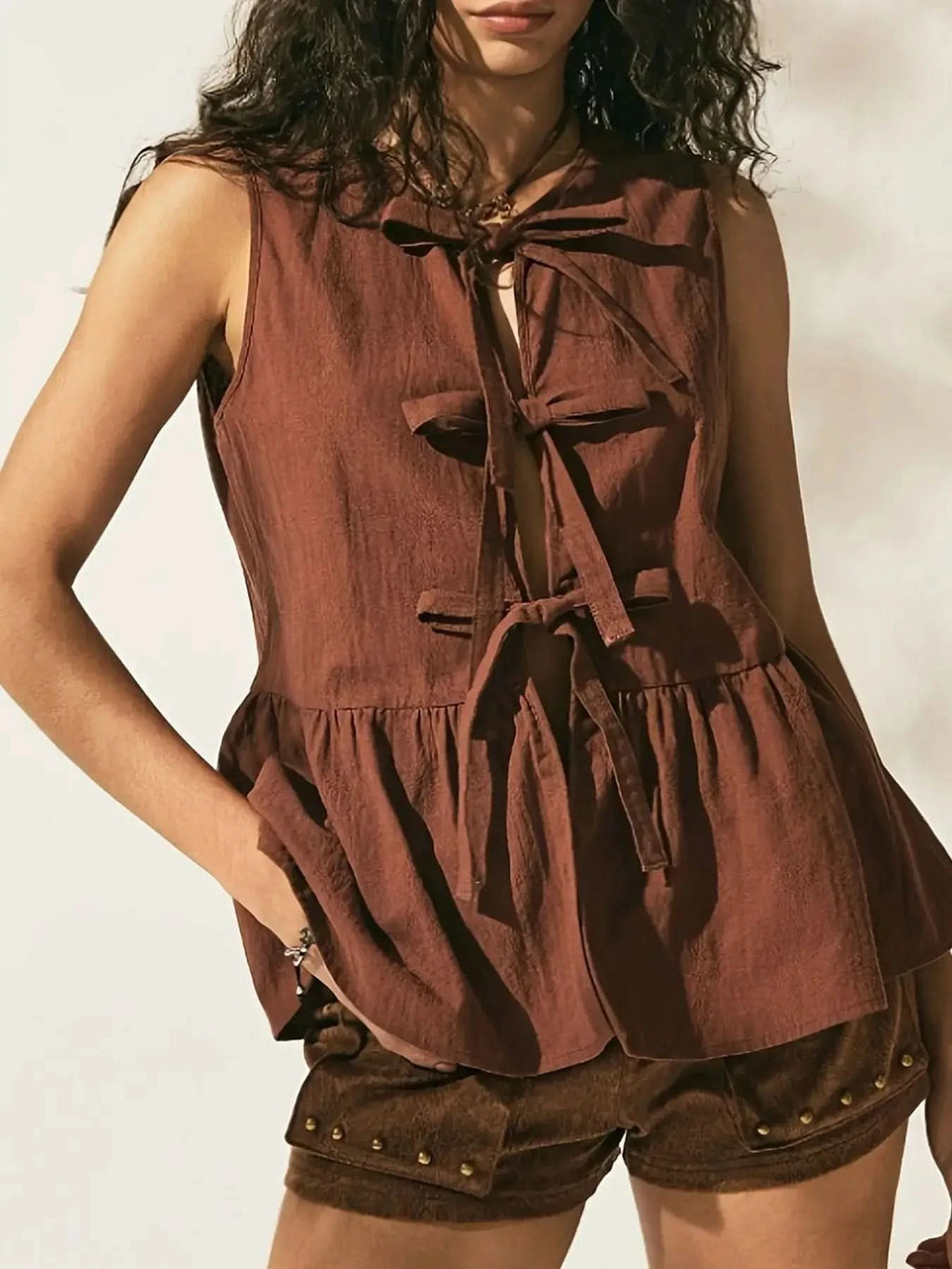 Bow-Tie Peplum Tank Top in Brown - photo