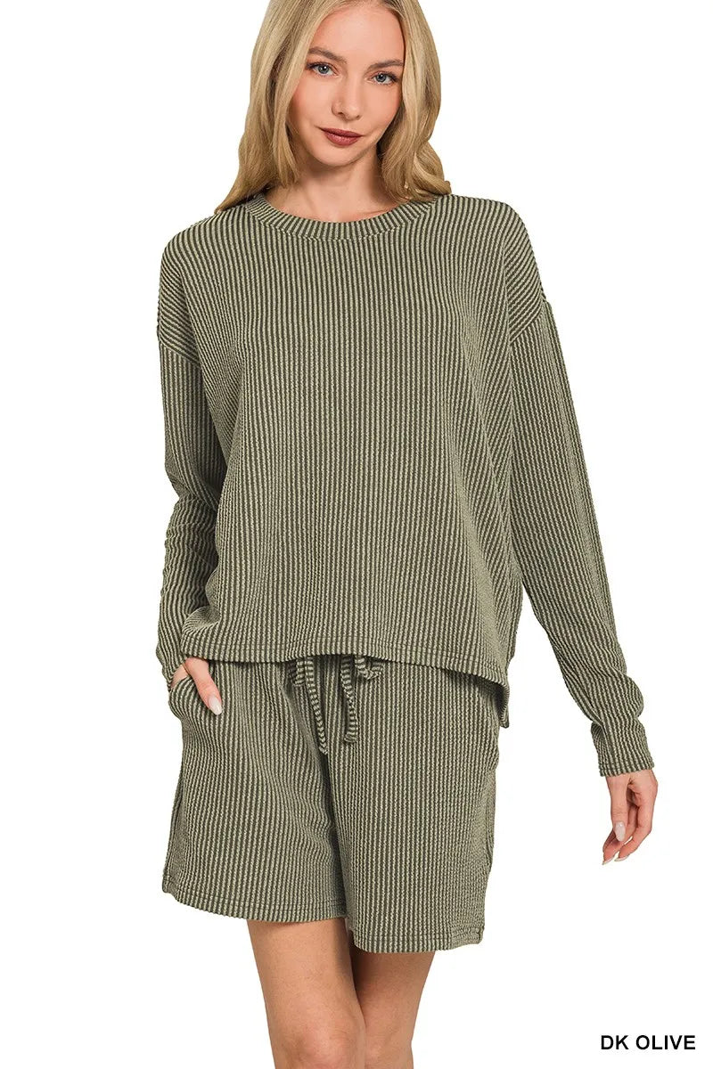 Zenana Corded Rib Long Sleeve Tee and Shorts Set in DK OLIVE - photo