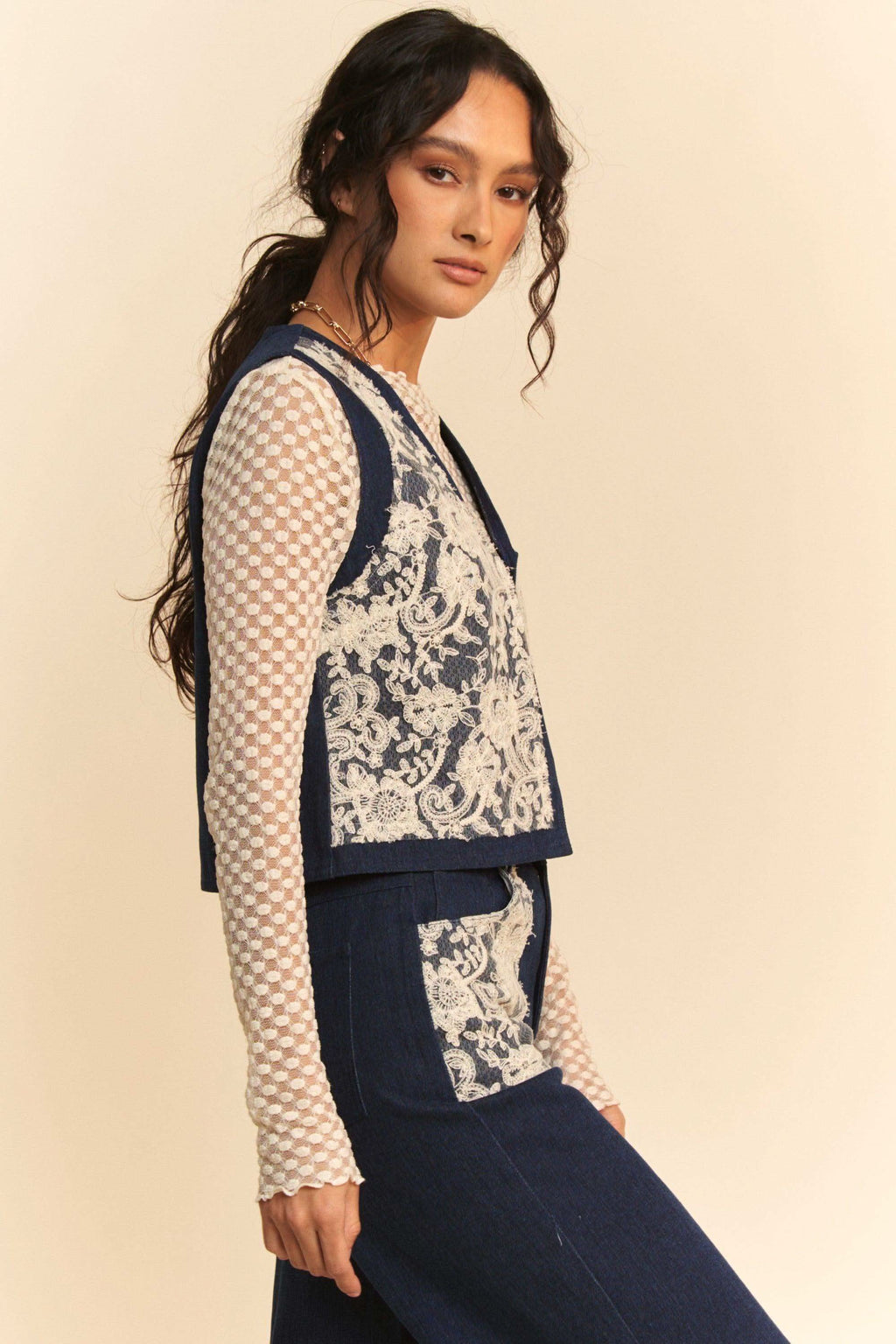 Davi & Dani Lace Patch Open Front Denim Vest in - photo