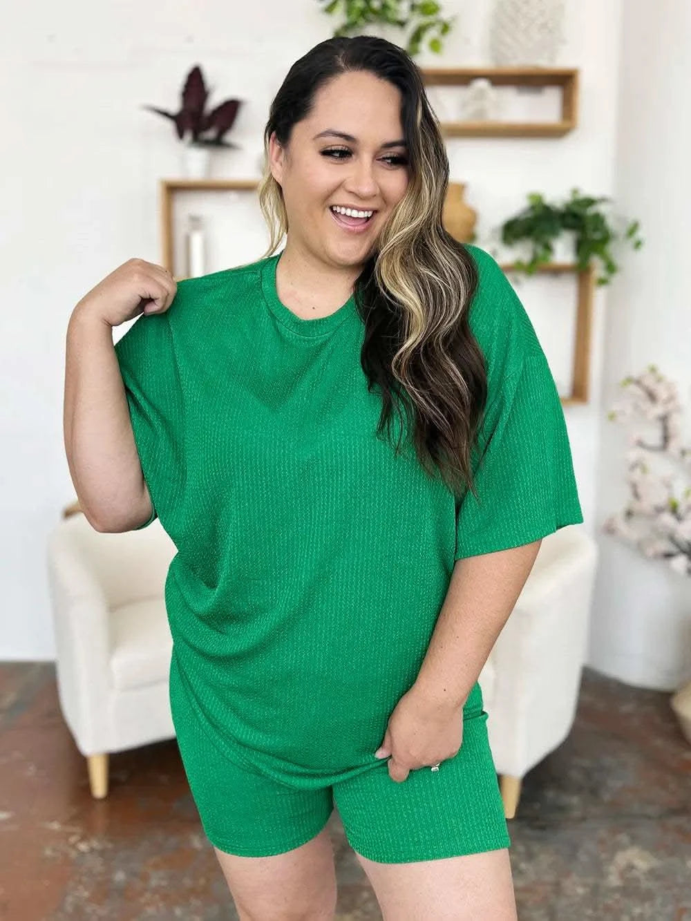 Double Take Full Size Texture Round Neck Drop Shoulder T-Shirt and Shorts Set - SwagglyLife Home & Fashion