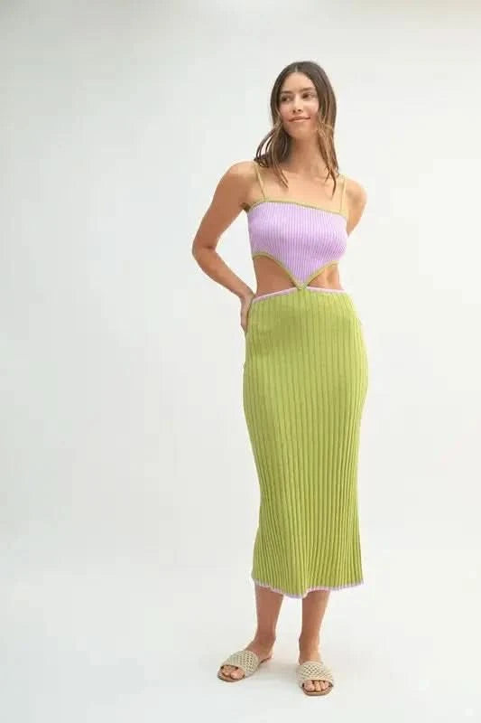 MABLE Ribbed Knit Color Block Cutout Midi Dress in - photo