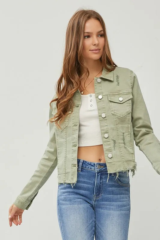 RISEN Full Size Raw Hem Button Up Cropped Denim Jacket Plus Size in Sage - photo