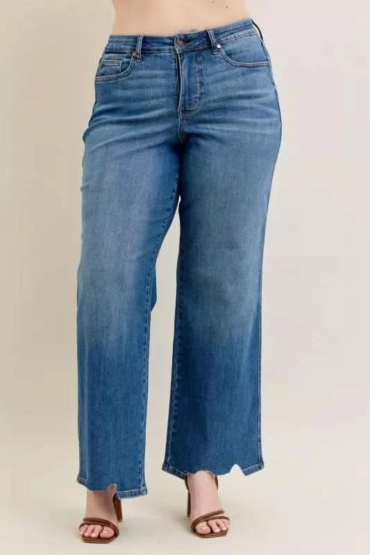 Judy Blue Full Size High Waist Tummy Control Chew Hem Destroy Wide Jeans Plus Size in - photo