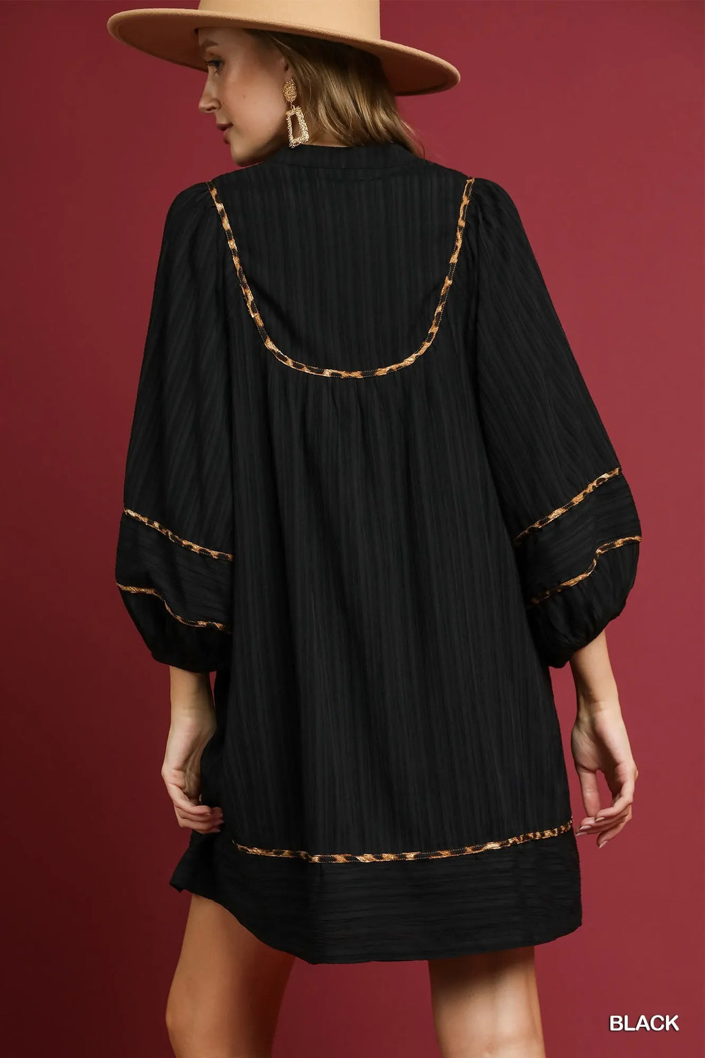 Umgee Full Size Textured Babydoll Dress with Leopard Trim Plus Size in - photo