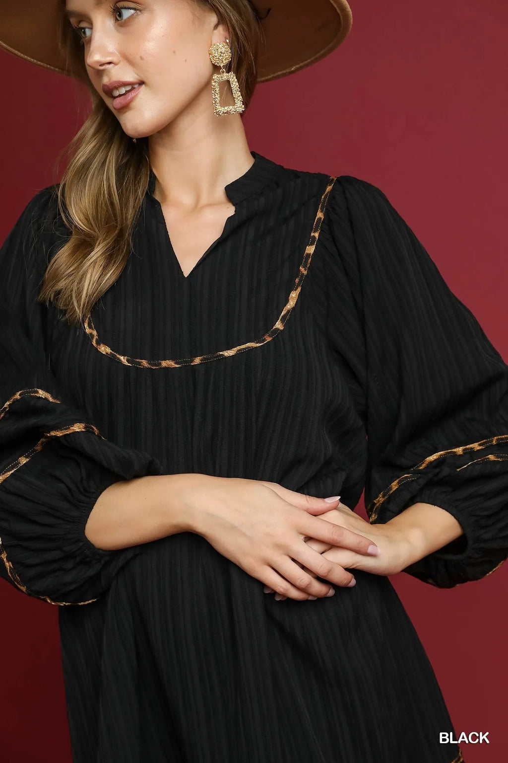 Umgee Full Size Textured Babydoll Dress with Leopard Trim Plus Size in - photo