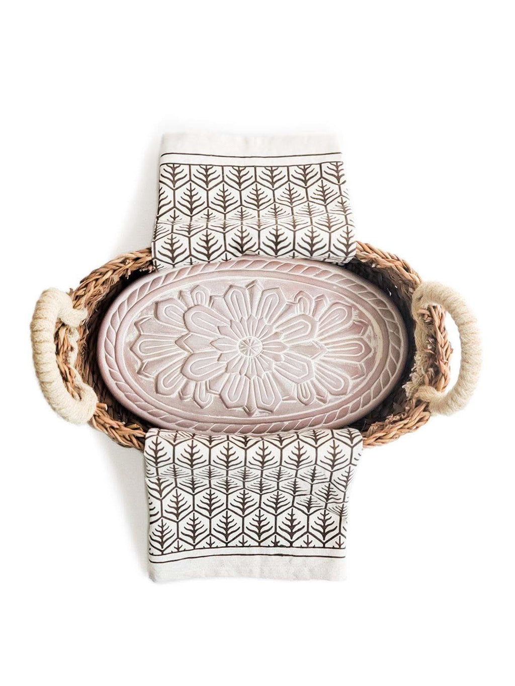 Bread Warmer & Basket Gift Set with Tea Towel - Flower in Dark Brown - KITCHEN photo