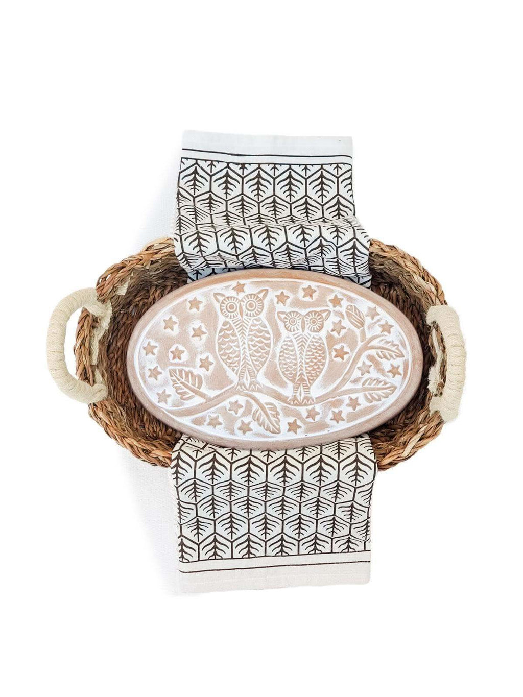 Bread Warmer & Basket Gift Set with Tea Towel - Owl Oval in Dark Brown - KITCHEN photo