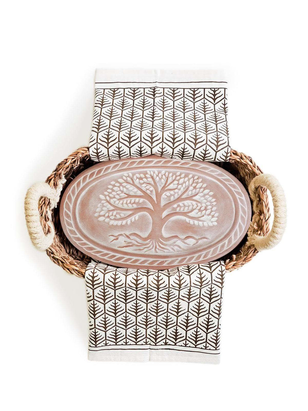 KORISSA Bread Warmer & Basket Gift Set with Tea Towel - Tree of Life Oval in Dark Brown - KITCHEN photo