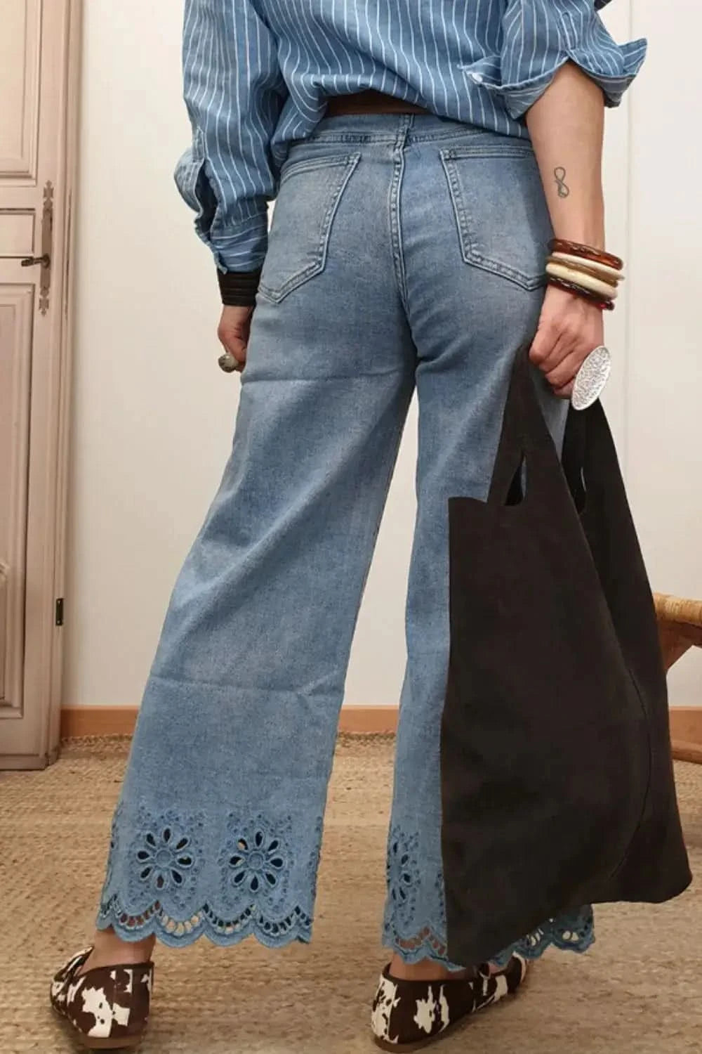 Lace Detail Cropped Wide Leg Jeans in - photo