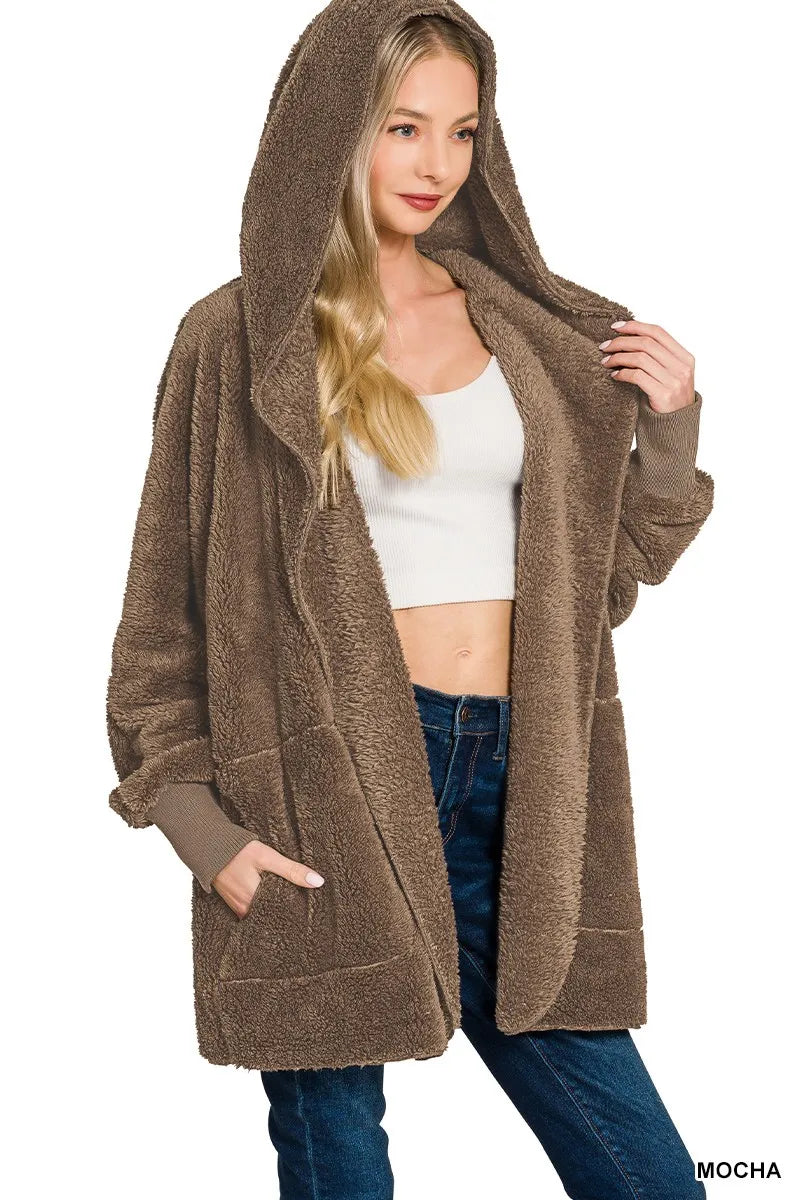 Zenana Hooded Faux Fur Jacket with Pockets in MOCHA - photo