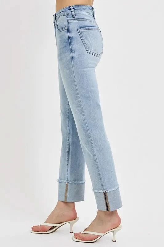 RISEN High Rise Straight Cuffed Relaxed Jeans in - photo