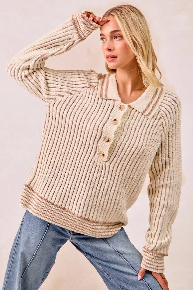 BiBi Half Button Ribbed Two Tone Sweater - SwagglyLife Home & Fashion