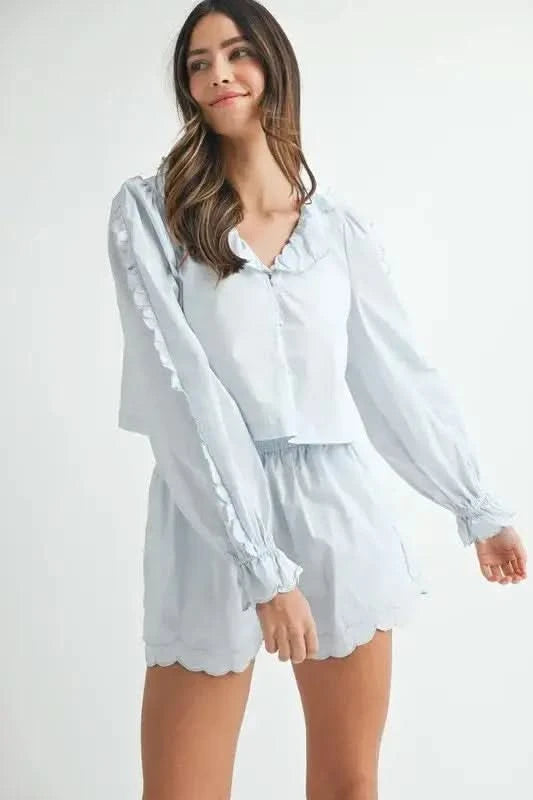 MABLE Long Sleeve Scallop Blouse and Shorts Set in - photo