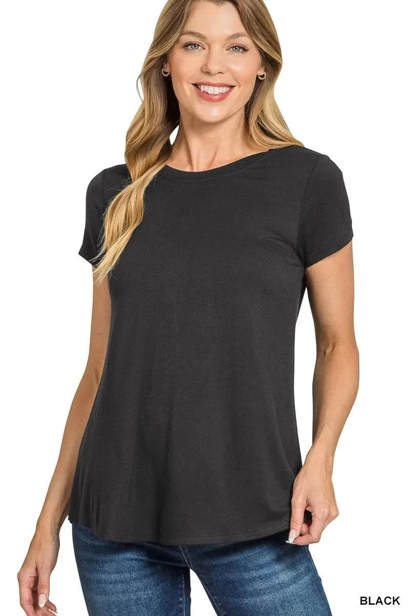 Zenana Flowy Round Hem Rayon Short Sleeve T-Shirt in BLACK - photo