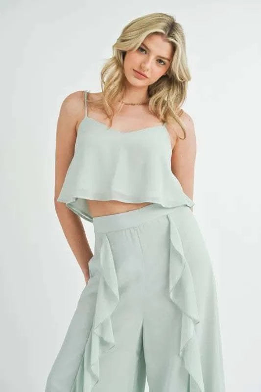 MABLE Crop Cami and Ruffled Wide Leg Pants Set in - photo