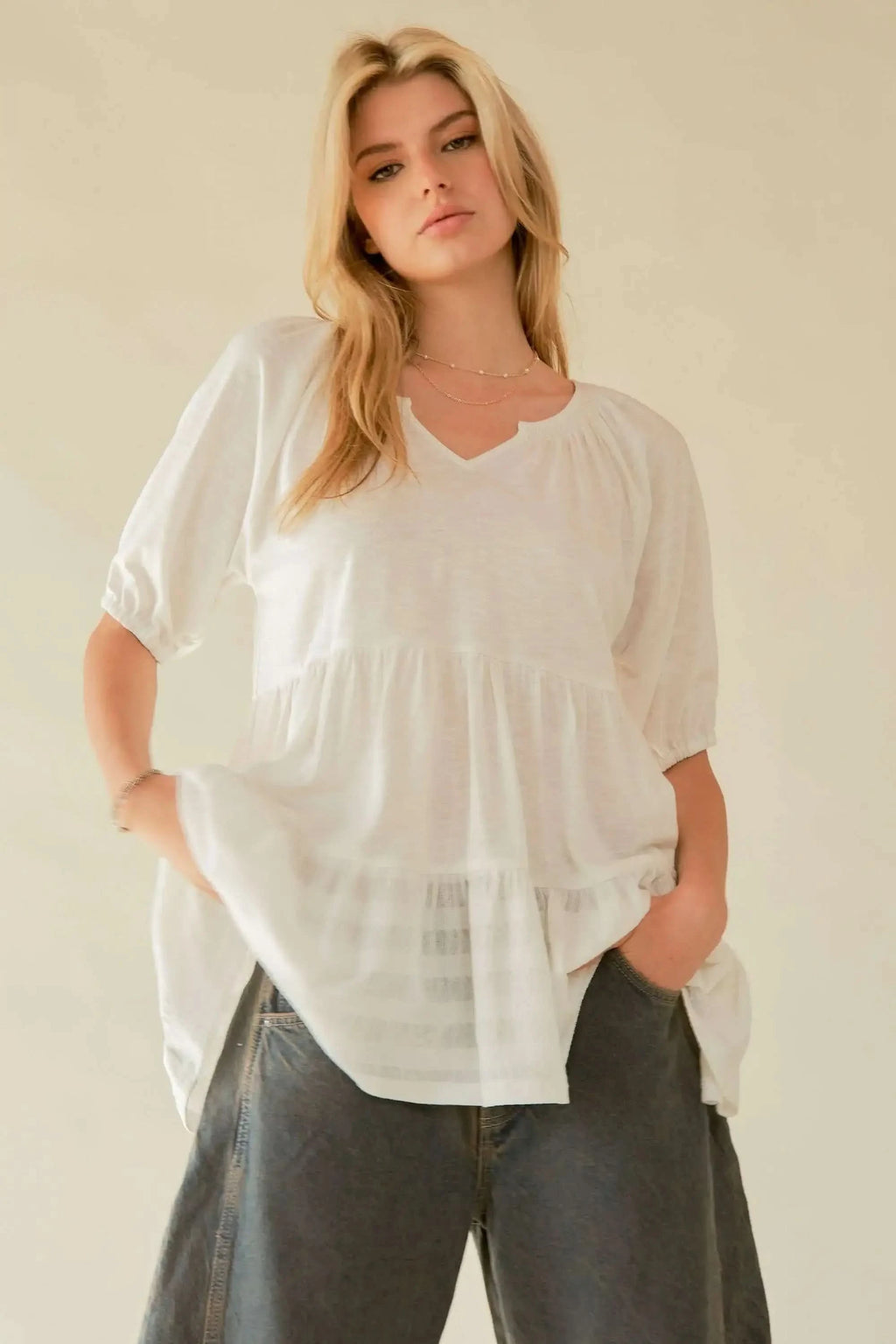 Davi & Dani Ruffled Flared Short Sleeve V Neck Blouse in WHITE - photo