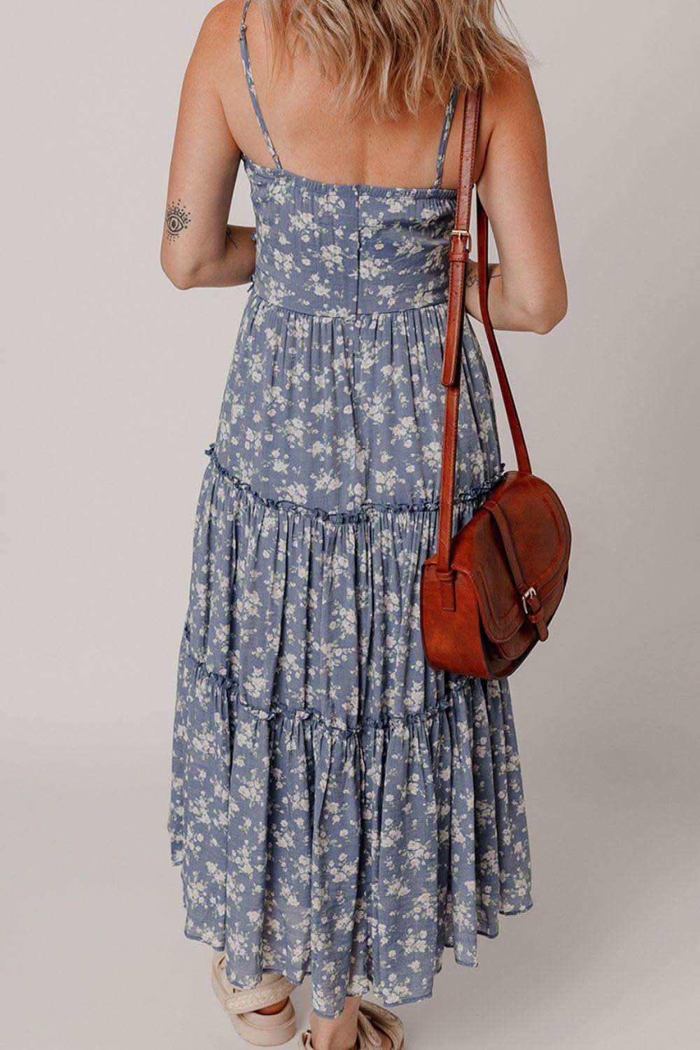 Floral Spaghetti Strap Frilled V Neck Tiered Midi Dress in - photo