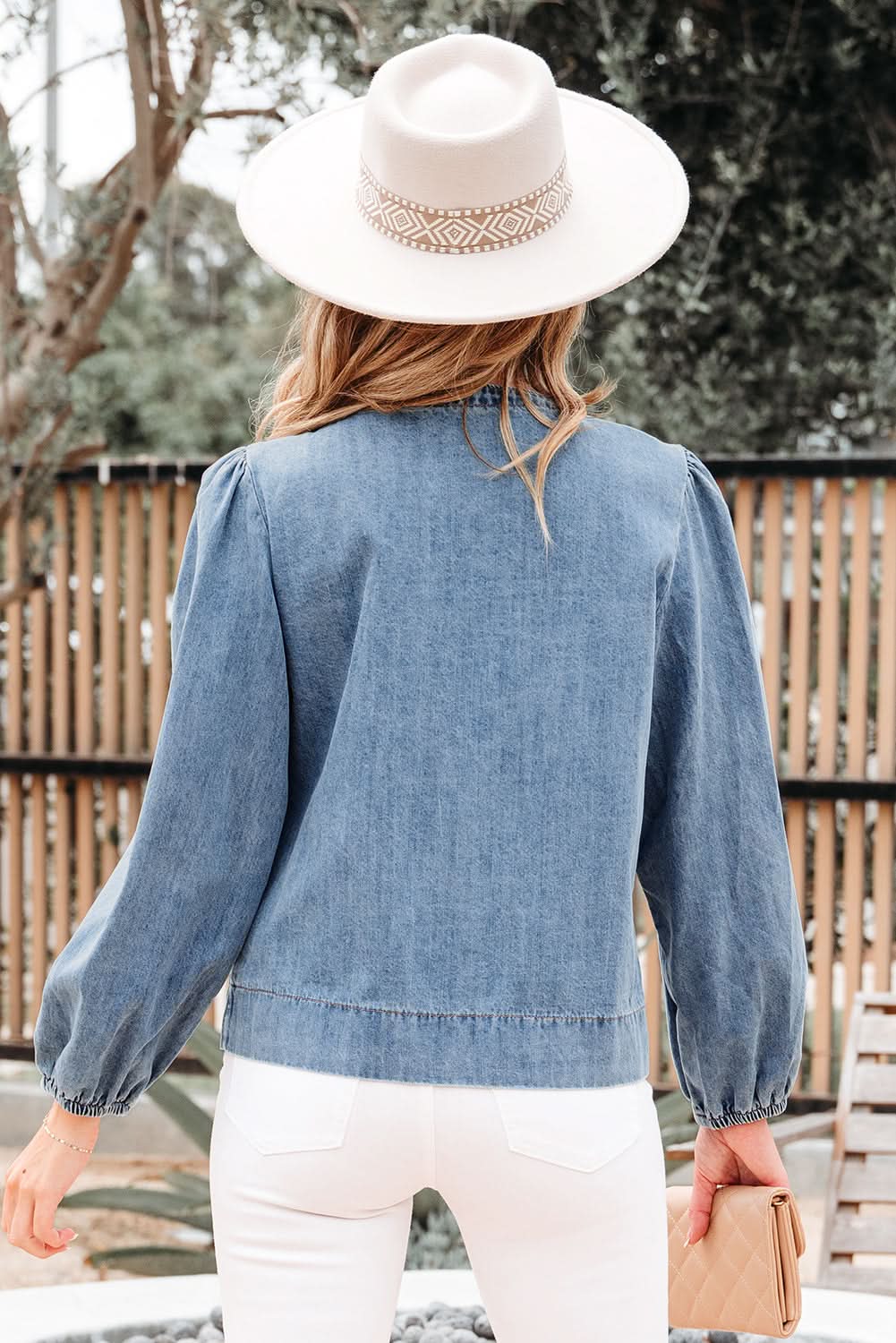 Oakley Tied Front Long Puff Sleeve Denim Top in - Tops/Blouses & Shirts photo