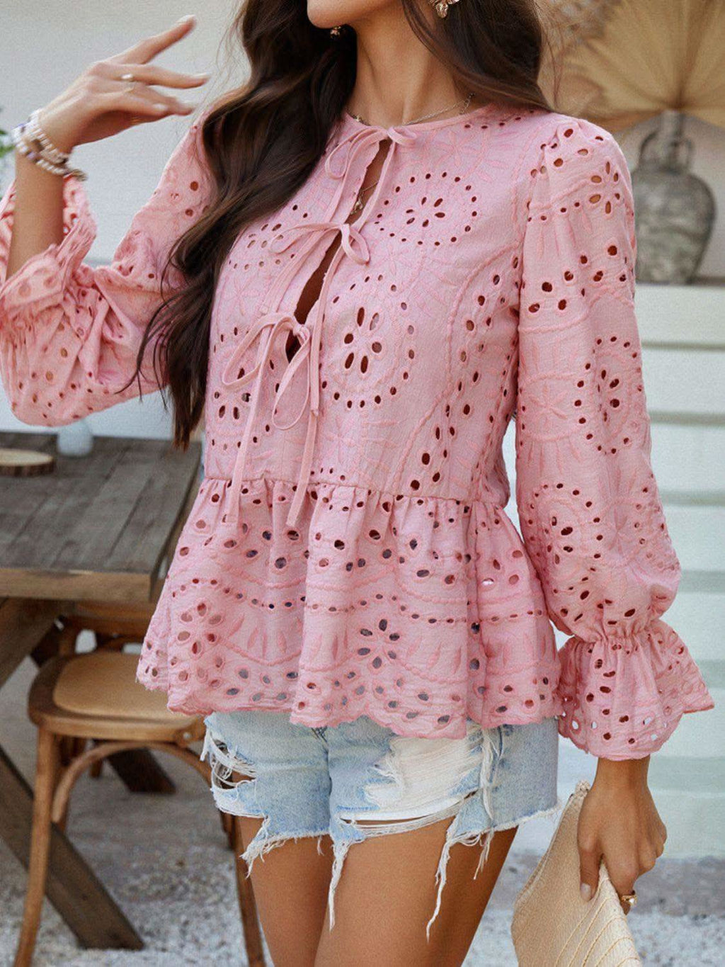 Devine Tie Front Flounce Sleeve Peplum Blouse in - Blouses photo