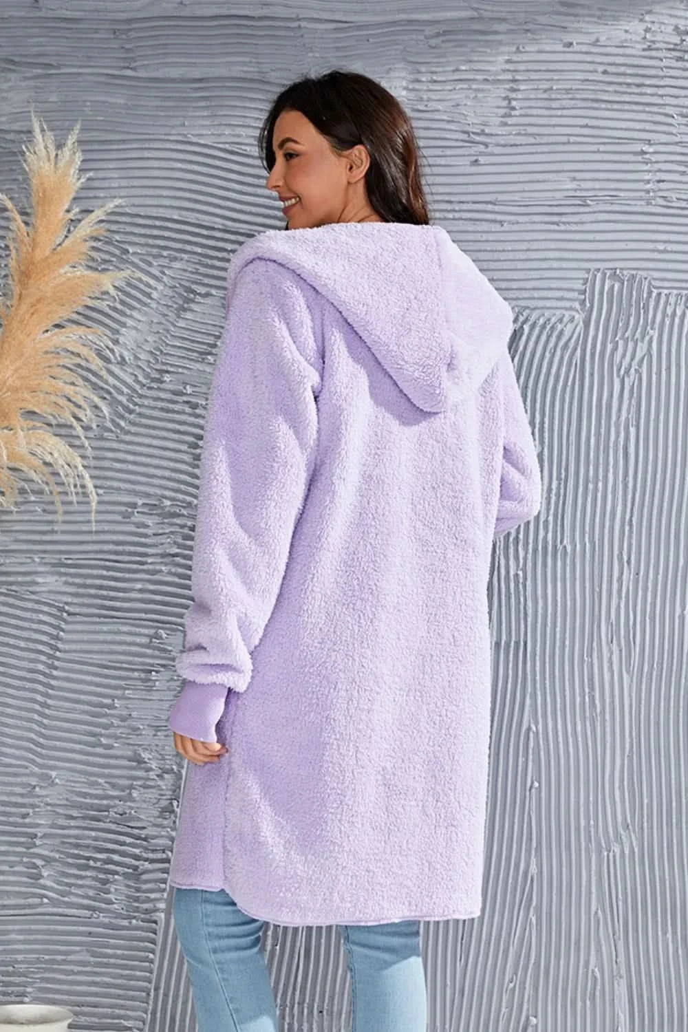 Double Take Full Size Hooded Teddy Bear Jacket with Thumbholes in - photo