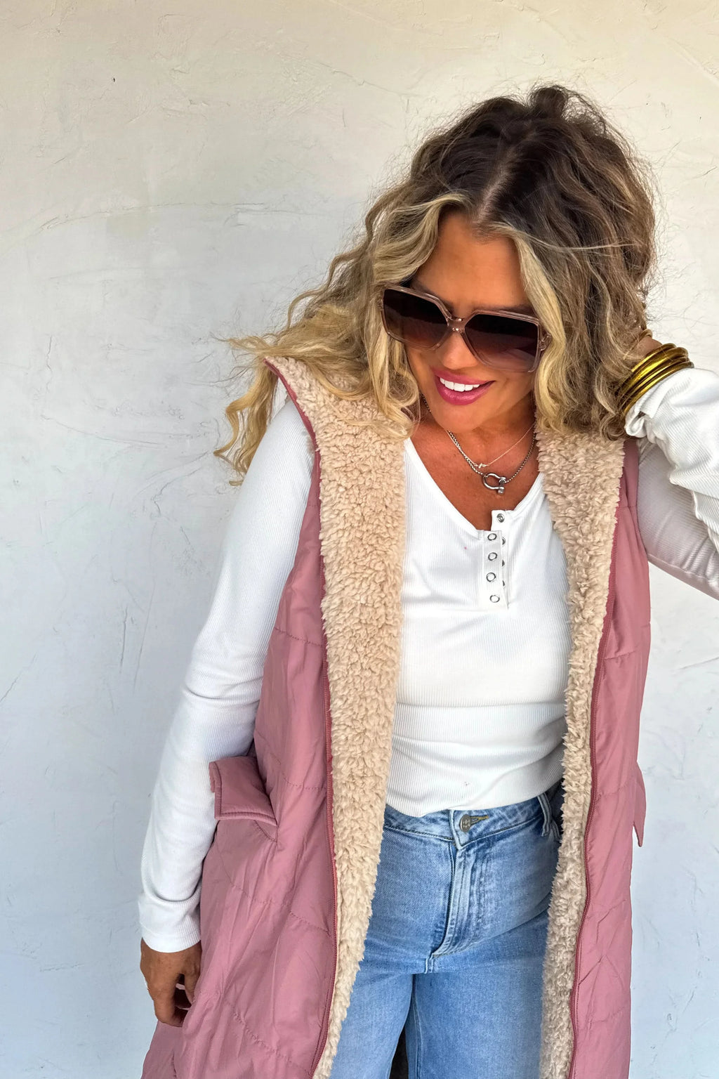 PREORDER: Reversible Sherpa Puffer Vest in - Womens photo