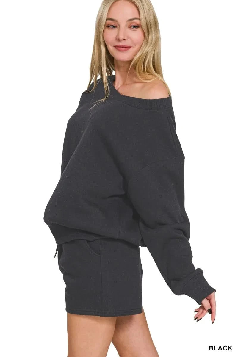 Zenana Fleece Boat Neck Sweatshirt and Shorts Set in - photo