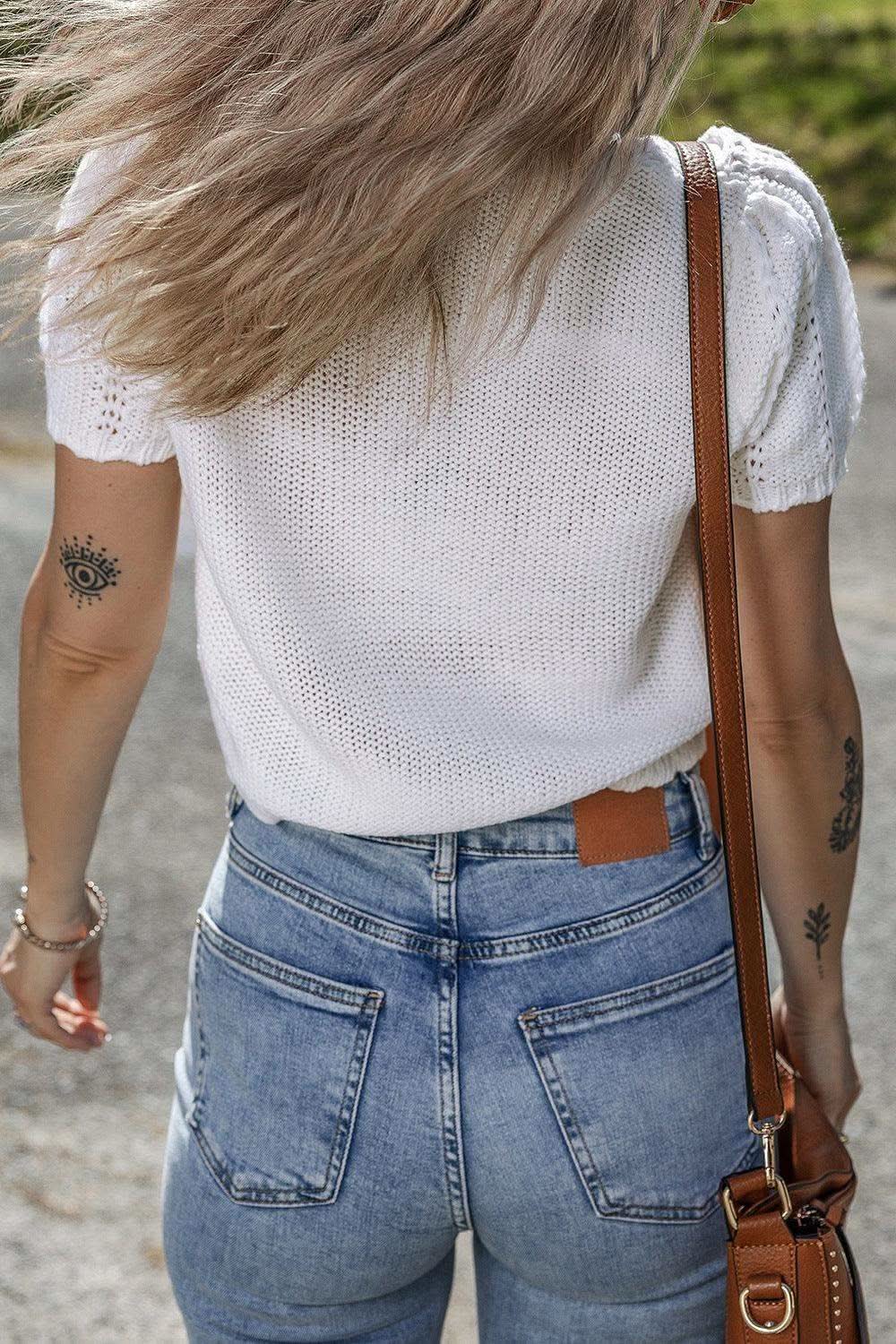Openwork Round Neck Short Sleeve Knit Top in - photo