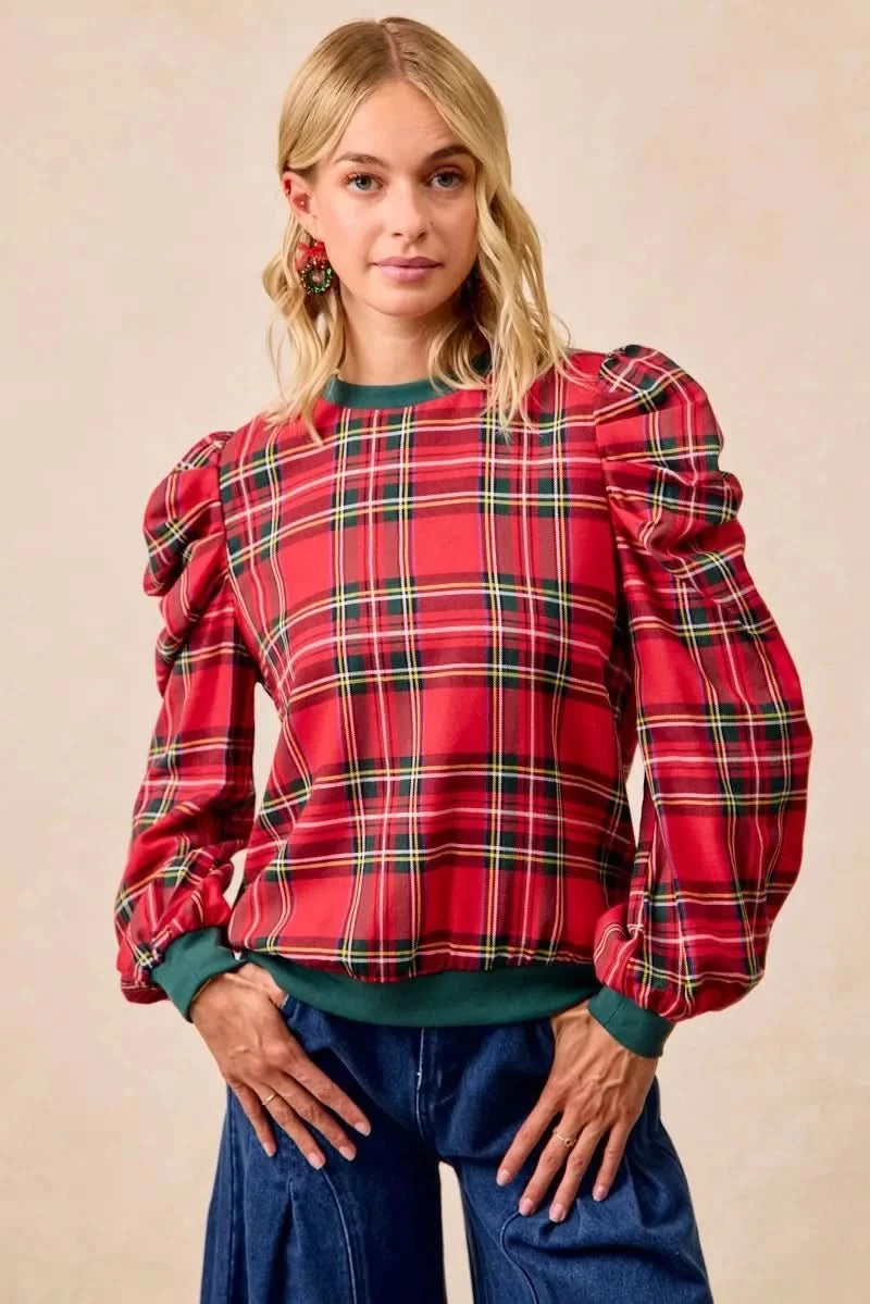 BiBi Christmas Plaid Exaggerated Shoulder Sleeves Top in RED PLAID - photo