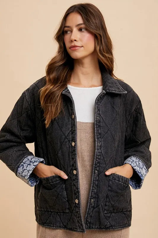 Annie Wear Quilted Printed Lining Snap Down Denim Jacket in Black - photo