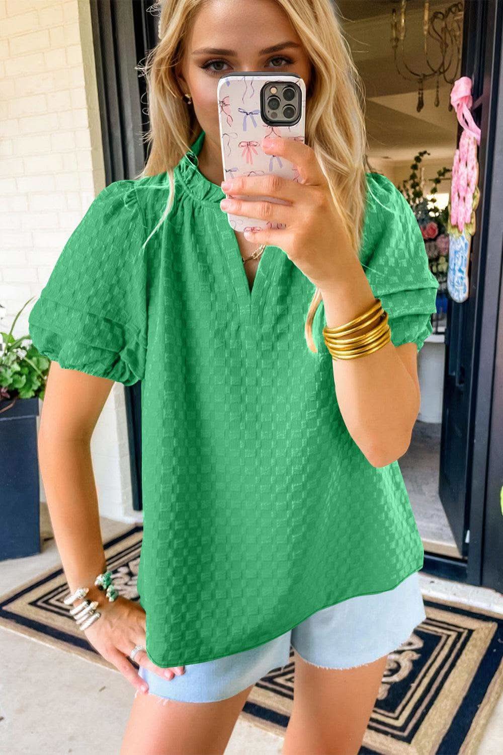 Oh Full Size Frill Notched Puff Sleeve Blouse - SwagglyLife Home & Fashion