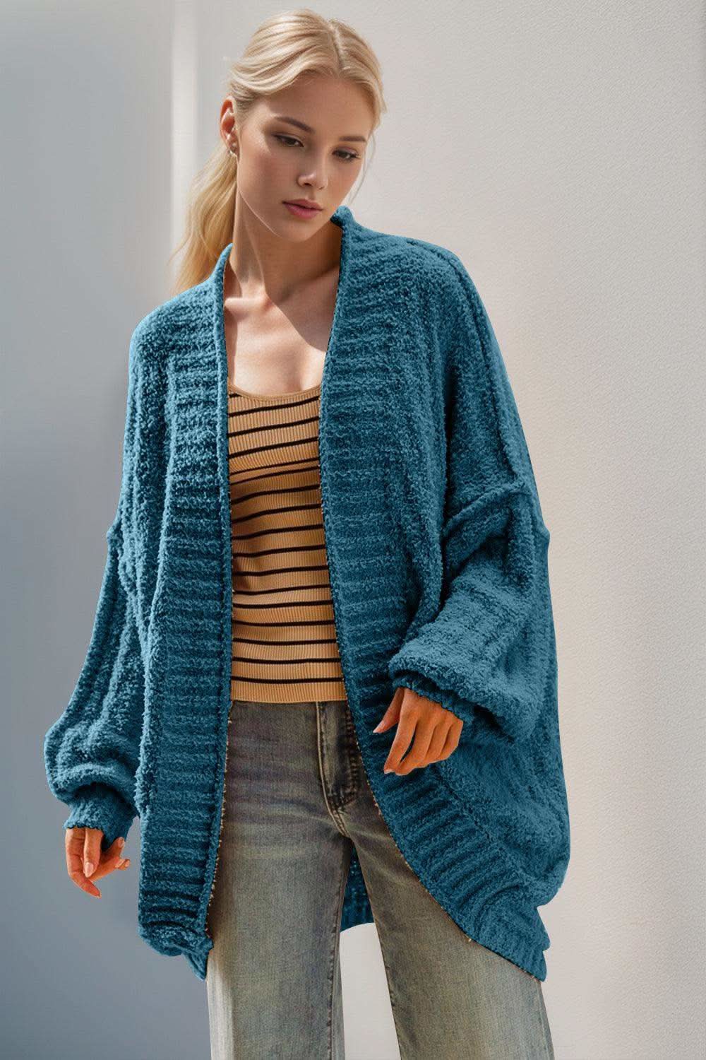 Double Take Full Size Open Front Long Sleeve Cardigan in Cerulean - photo