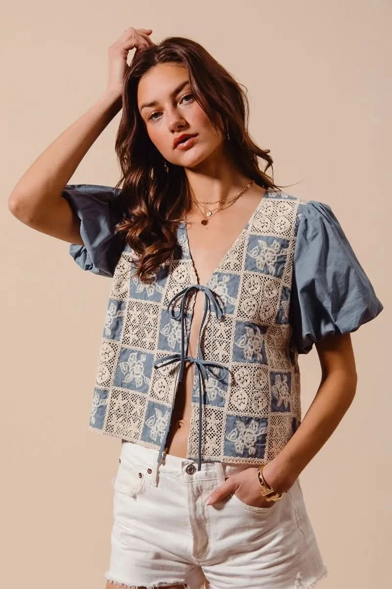 SO ME Crochet Lace Tie Front V Neck Blouse Top - SwagglyLife Home & Fashion