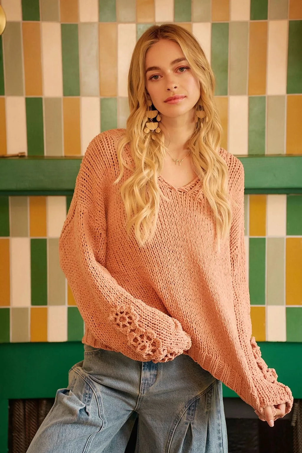 BiBi Chunky Knit Sweater with Flower Detail Sleeves in - photo