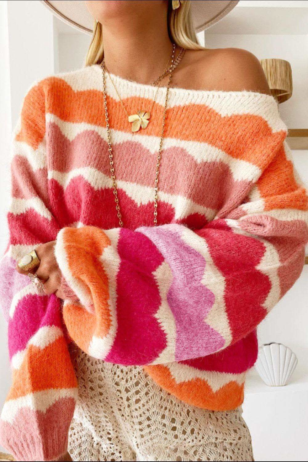 Contrast Boat Neck Long Sleeve Sweater in Red - Sweaters photo