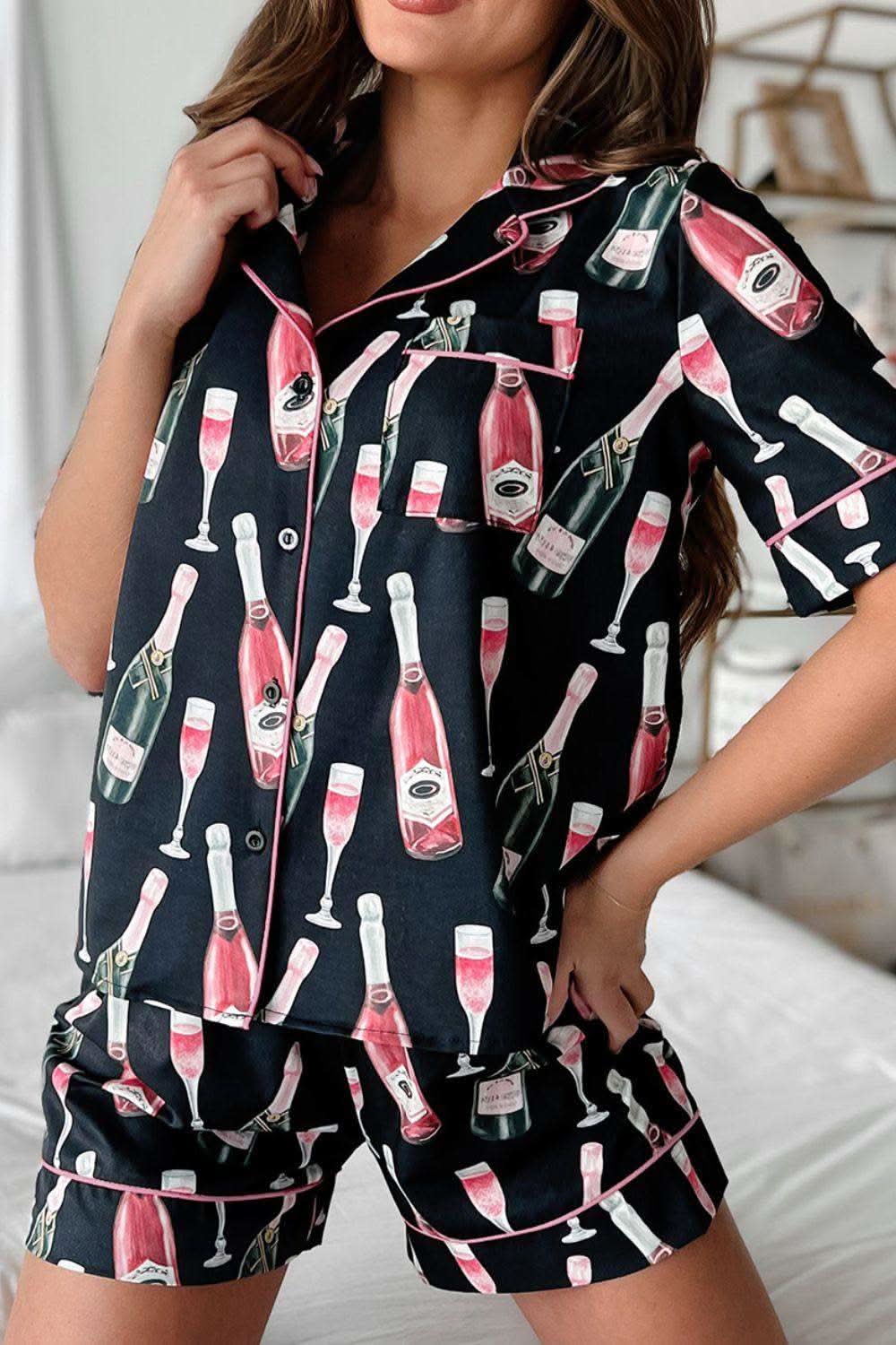 Champagne Print Short Sleeve Top and Shorts Sleepwear Set - SwagglyLife Home & Fashion Champagne Print Short Sleeve Top and Shorts Sleepwear Set - SwagglyLife Home & Fashion