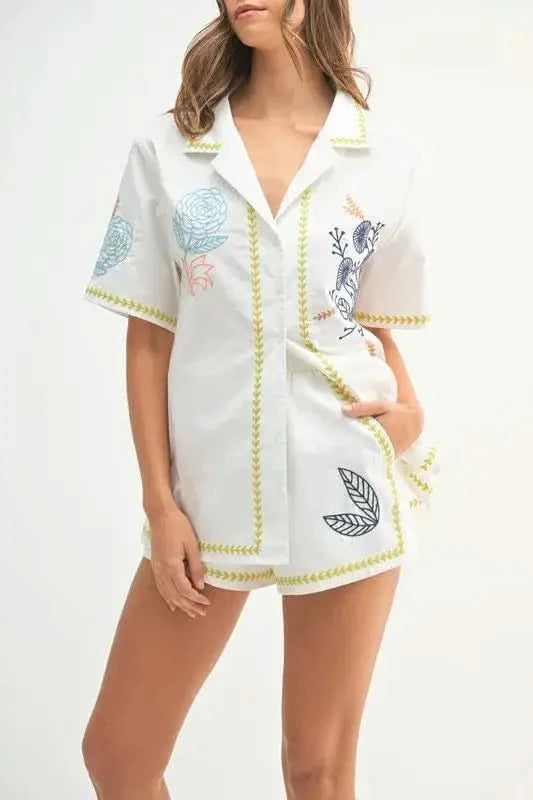 MABLE Embroidered Button Down Shirt and Shorts Set in - photo