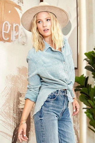 Washing Wrinkled Gauze Button Down Shirt With Rough Edge - SwagglyLife Home & Fashion Washing Wrinkled Gauze Button Down Shirt With Rough Edge - SwagglyLife Home & Fashion