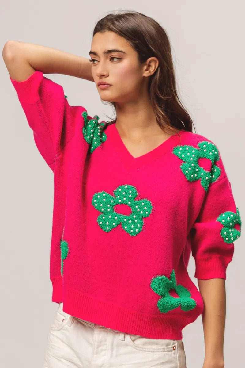 BiBi Pearl Beads Flowers Sweater Top in - photo